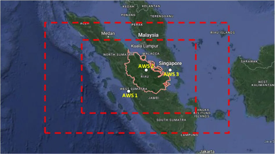 Domain simulasi WRF 9 km dan 3 km di Sumatra