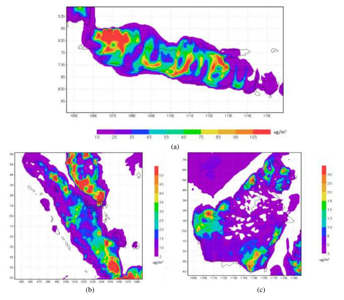Sebaran PM10 di Jawa, Sumatera, dan Kalimantan dari model WRF-Chem