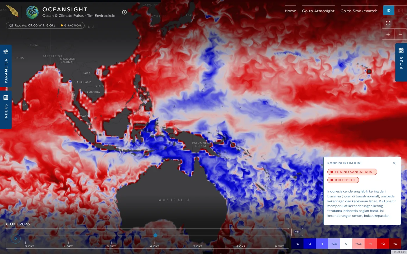 Tampilan Oceansight, peta anomali suhu muka laut dari model CMEMS