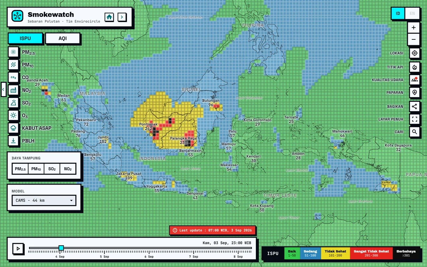 Tampilan awal Smokewatch, peta ISPU seluruh Indonesia dari model CAMS